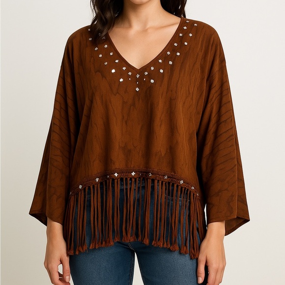 Vintage 80s Risky Western Fringe Top Boho Brown Suede Look Studded V-Neck Shirt - Picture 1 of 14
